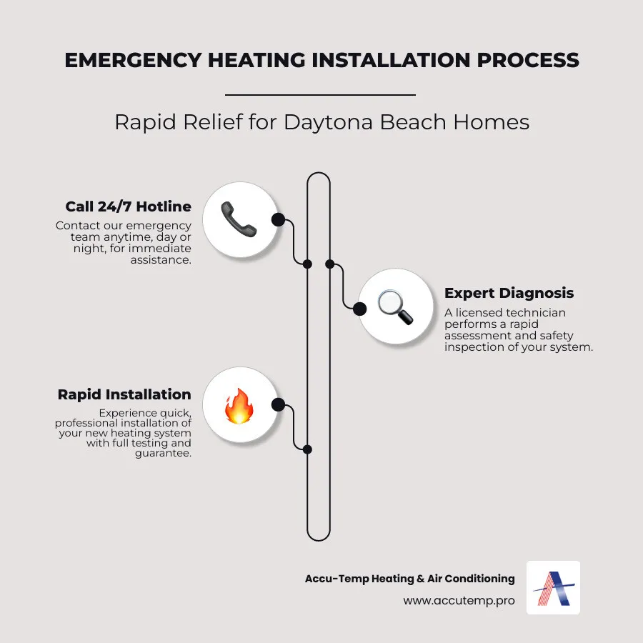 Infographic showing emergency heating installation process: Step 1 - Call 24/7 hotline and describe the emergency. Step 2 - Licensed technician arrives for expert diagnosis and safety inspection. Step 3 - Rapid professional installation with system testing and satisfaction guarantee - heating installation 24 hour in daytona beach, fl infographic infographic-line-3-steps-elegant_beige