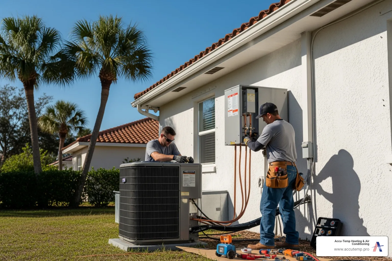 infographic showing the four main stages of heat pump installation from assessment through final testing, with icons representing home evaluation, equipment removal, system connection, and performance verification - heat pumps installation in daytona beach, fl