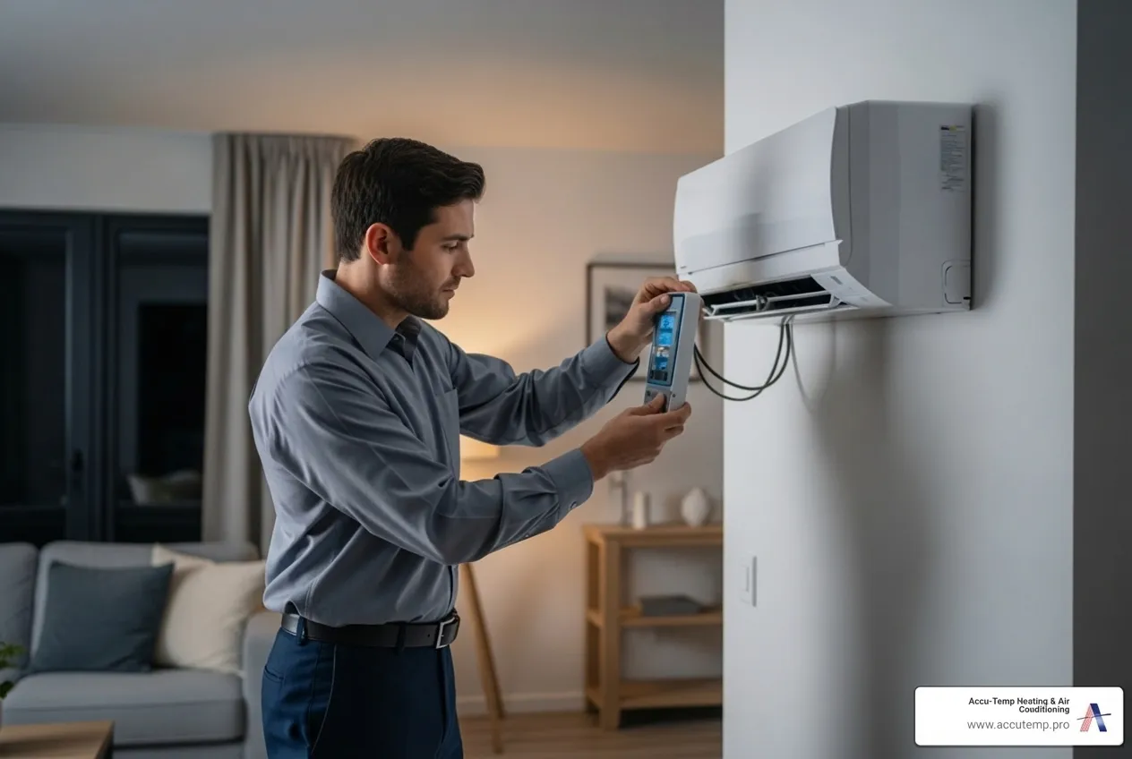 Infographic showing the emergency mini split repair process: 1. Identify the problem (no cooling, leaks, noise), 2. Call 24-hour service, 3. Technician arrives within 1-2 hours, 4. Professional diagnosis of the issue, 5. Clear explanation of repair needs, 6. On-site repair with quality parts, 7. System testing and verification, 8. Comfort restored - mini split heat pumps repair 24 hour in palm coast, fl
