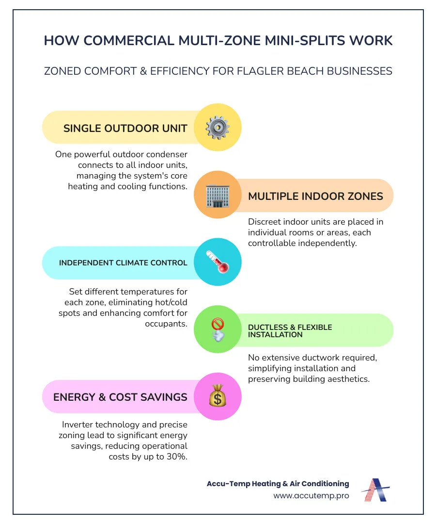 Infographic showing how a commercial multi-zone mini-split heat pump system works with one outdoor condenser connected to multiple indoor units in different rooms of a business, illustrating zoned temperature control and energy flow - mini split heat pumps installation commercial in flagler beach, fl infographic infographic-line-5-steps-colors
