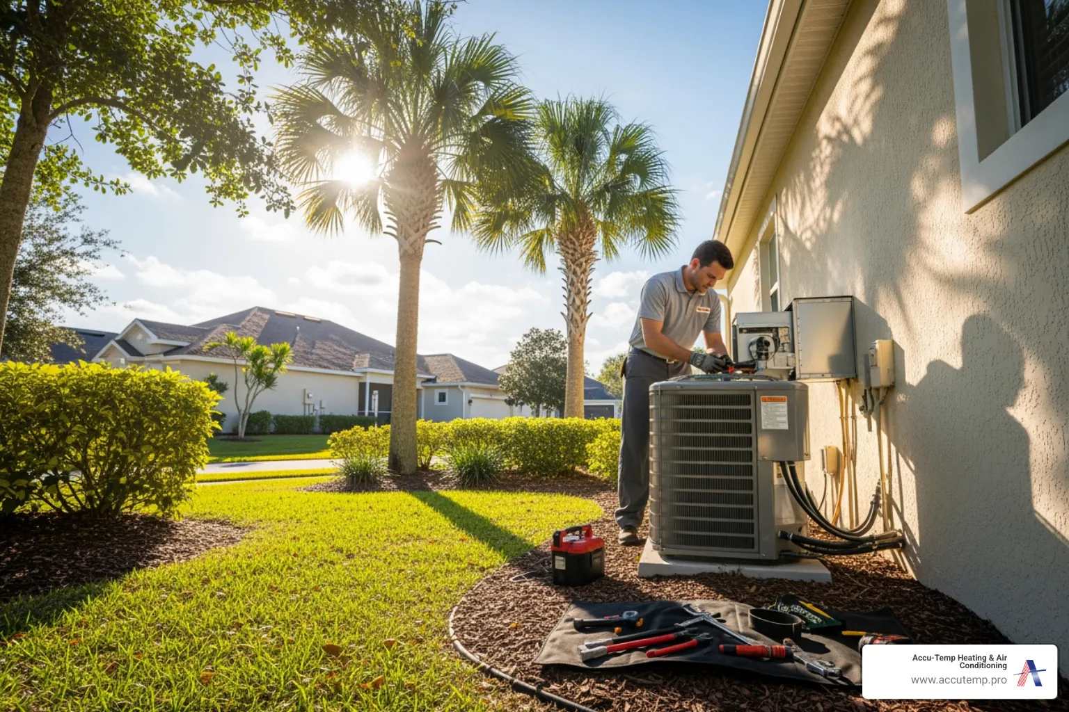 infographic showing heat pump maintenance cycle including inspection, cleaning, refrigerant check, electrical testing, and filter replacement with Florida coastal conditions highlighted - heating maintenance best in palm coast, fl
