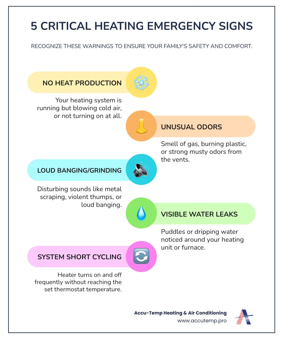 Infographic showing five critical warning signs of a heating emergency: no heat production, unusual burning or gas odors, loud banging or grinding noises, visible water leaks around the unit, and system repeatedly cycling on and off, with icons for each scenario and immediate action steps - heating maintenance emergency in palm coast, fl infographic infographic-line-5-steps-colors