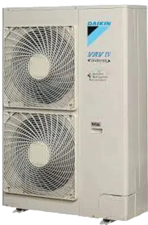 Daikin ductless mini-split outdoor unit with dual fans, showcasing energy-efficient HVAC technology for home heating and cooling.