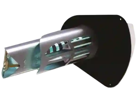 REME HALO air purification unit designed for installation in air ducts, featuring a sleek metallic casing and a proactive technology that releases ionized Hydrogen Peroxide to combat indoor air pollutants, enhancing home air quality.