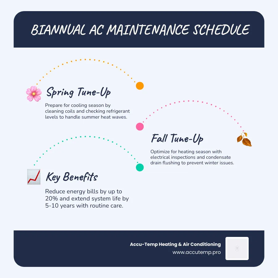 infographic showing biannual AC maintenance schedule with spring and fall tune-up checklists including filter replacement, coil cleaning, refrigerant check, electrical inspection, condensate drain flush, and thermostat calibration, with icons showing reduced energy bills and extended system life - ac maintenance in bunnell, fl infographic infographic-line-3-steps-blues-accent_colors