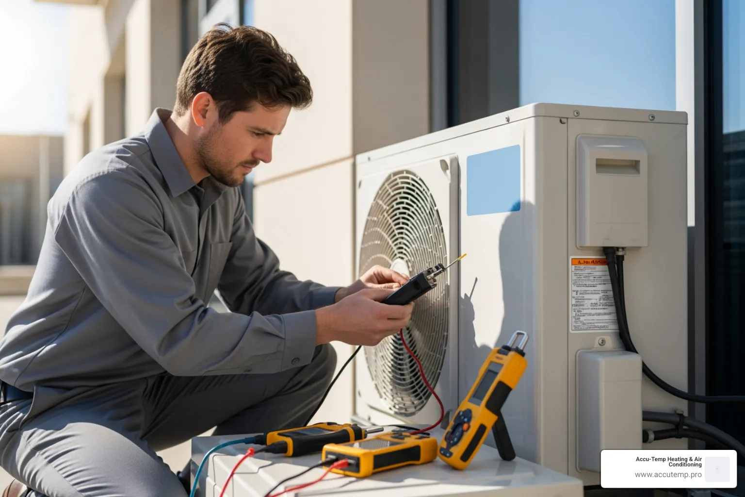Infographic showing the commercial mini-split repair process: 1) System inspection and diagnosis 2) Refrigerant level check 3) Electrical component testing 4) Condensate drain cleaning 5) Performance verification, with icons for each step and Palm Coast climate considerations highlighted - mini split heat pumps repair commercial in palm coast, fl