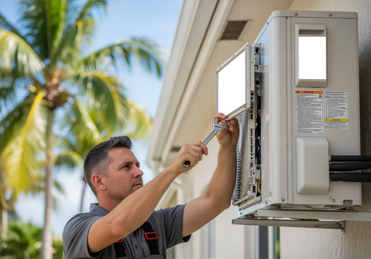 An infographic illustrating how a mini split heat pump operates in both heating and cooling modes, showing the flow of refrigerant, the placement of indoor and outdoor units, and key internal components to explain its dual function - mini split heat pumps repair in beverly beach, fl