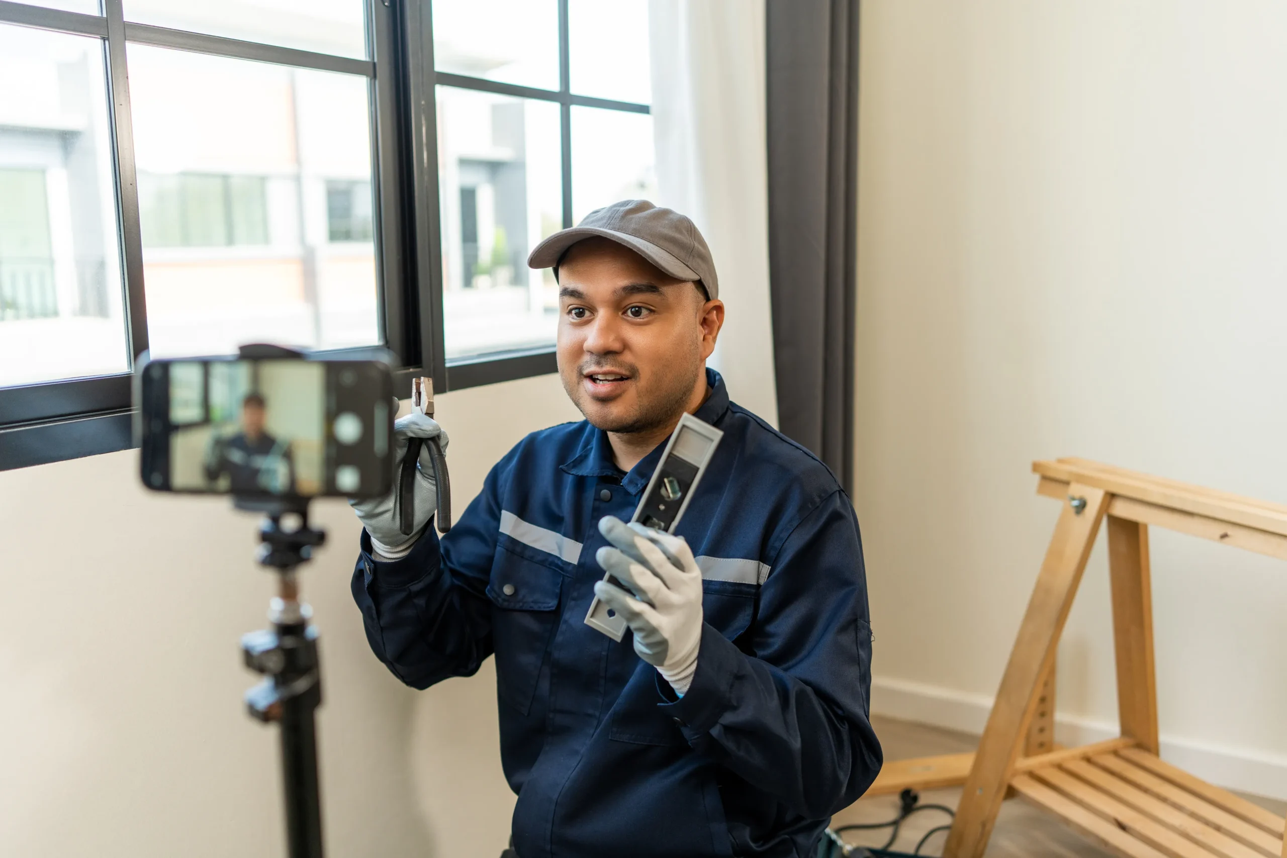 Technician in blue uniform demonstrating HVAC tools, promoting duct cleaning services for improved indoor air quality and energy efficiency.
