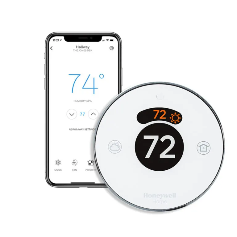 Honeywell Home smart thermostat with digital display showing temperature settings alongside a smartphone app interface for remote temperature control and humidity monitoring.