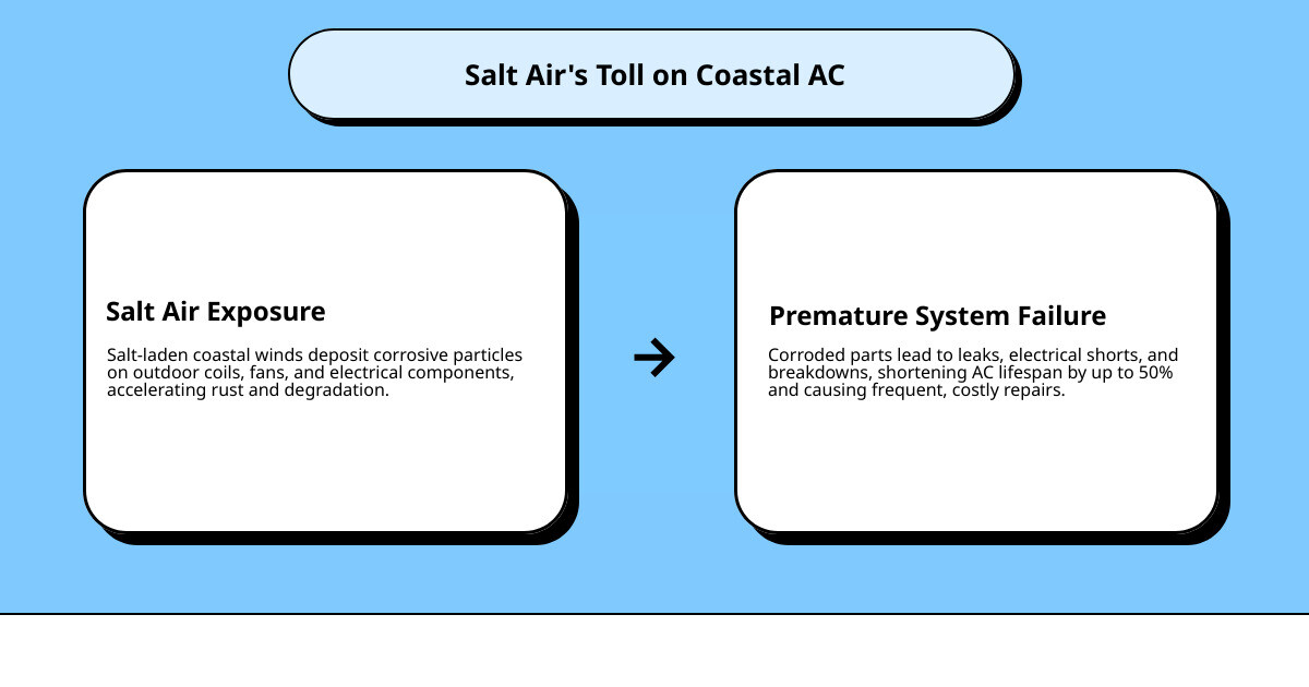Infographic showing how salt air, heat, and humidity affect coastal AC systems and when to call for repair - ac repair in