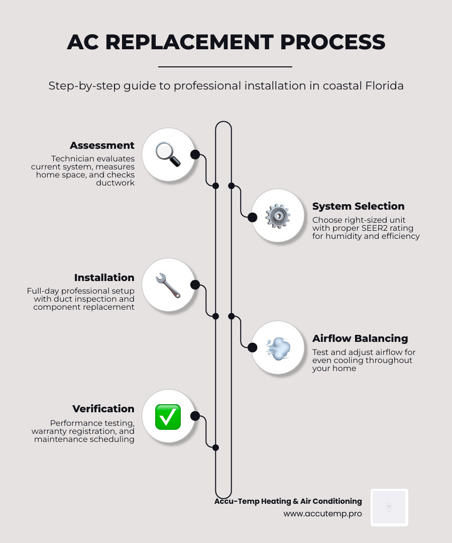 infographic showing the AC replacement process: assessment and measurement, system selection and sizing, professional installation with ductwork inspection, airflow balancing and performance verification, warranty registration and maintenance scheduling - ac replacement in butler beach, fl infographic infographic-line-5-steps-elegant_beige