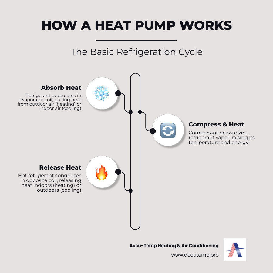 Infographic showing basic heat pump cycle: heat absorption, compression, heat release, and expansion - how does a heat pump Infographic showing basic heat pump cycle: heat absorption, compression, heat release, and expansion - how does a heat pump