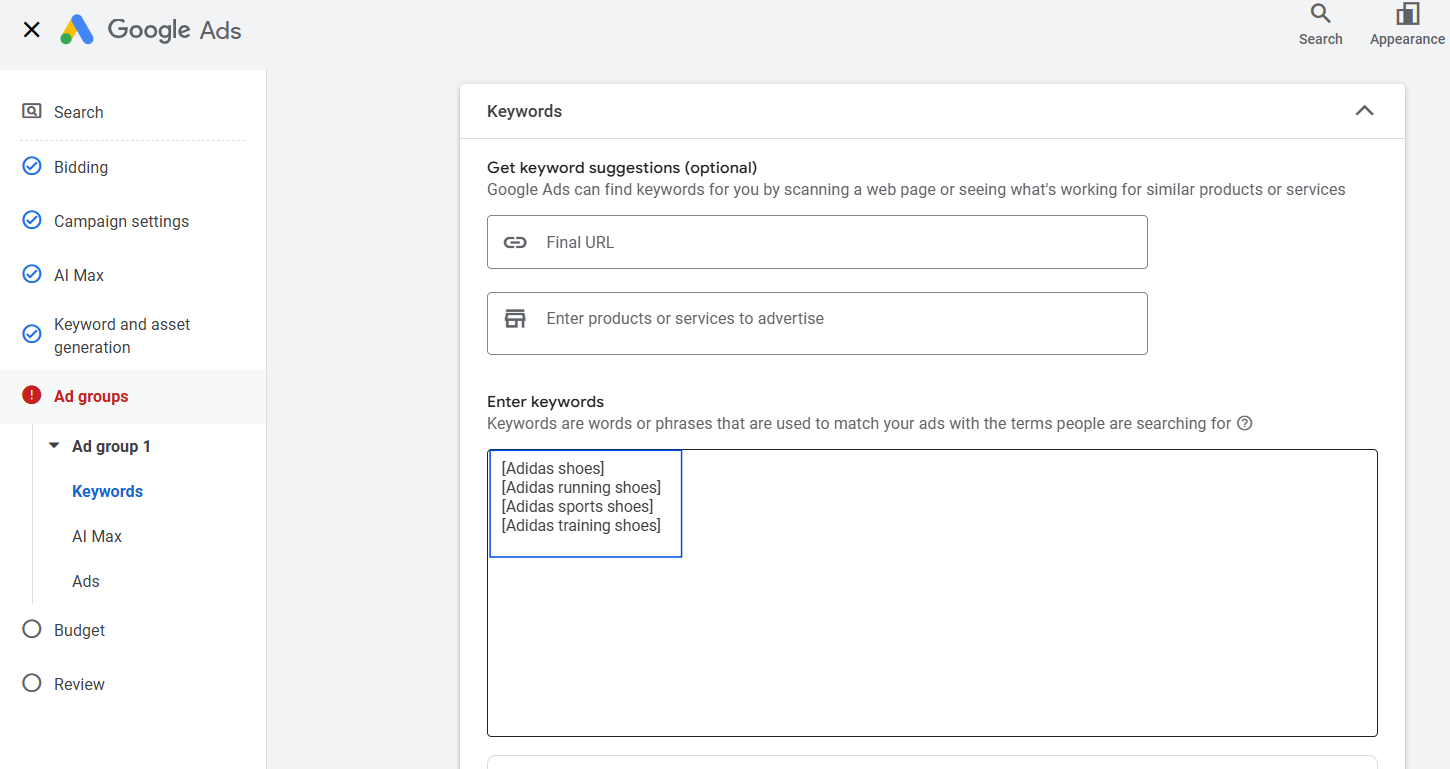 Adding brand keywords in Google Ads