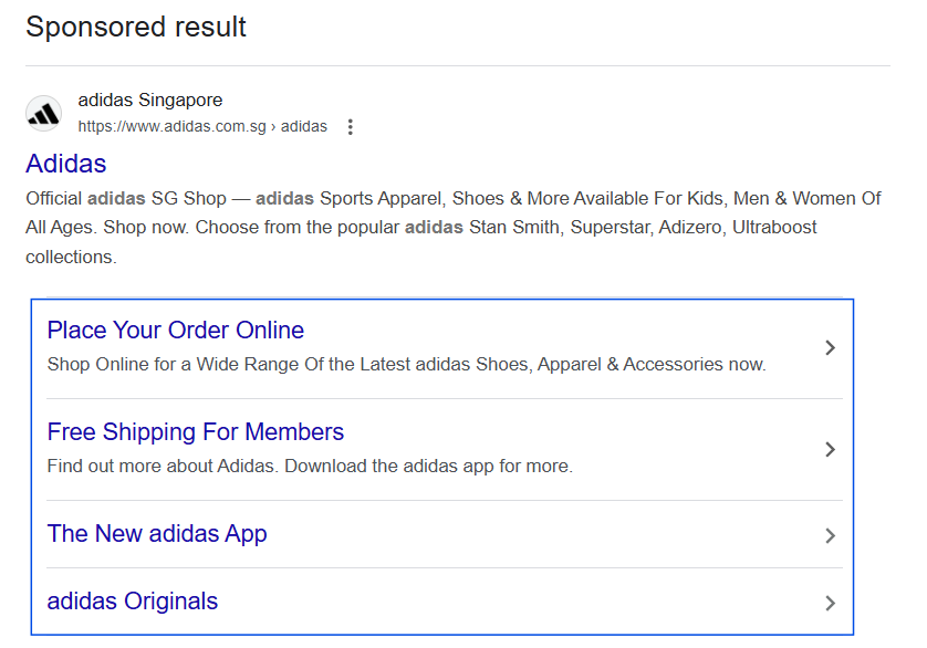Sitelinks for Adidas Search ad
