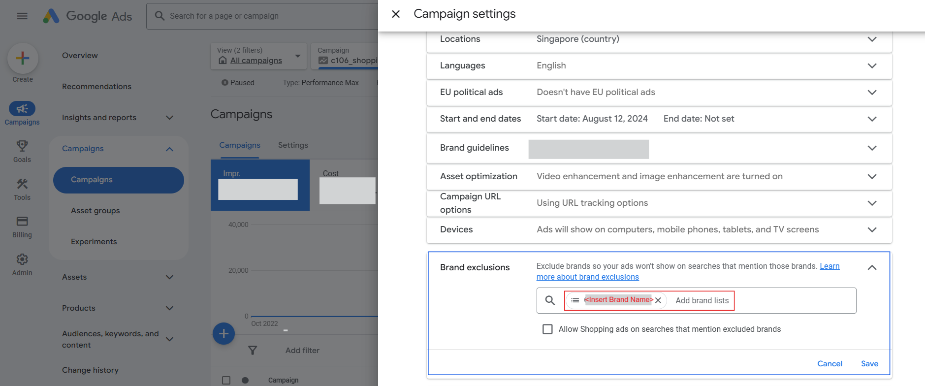 Performance Max brand exclusions settings