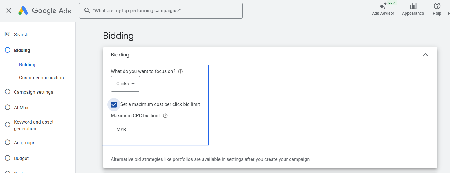 Maximise clicks bidding for Search