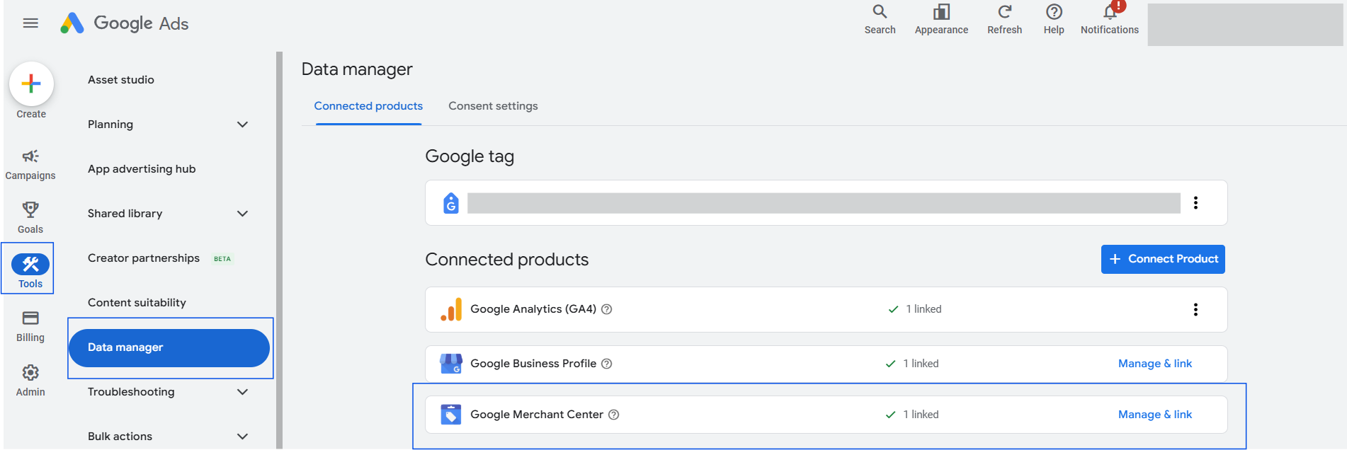 Connected Products screen in Google Ads