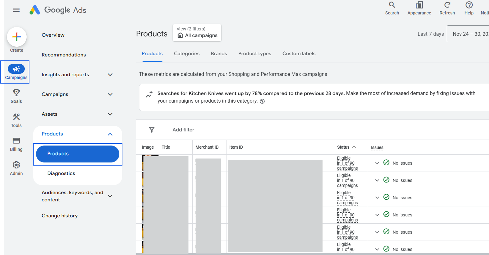 Product status screen in Google Ads