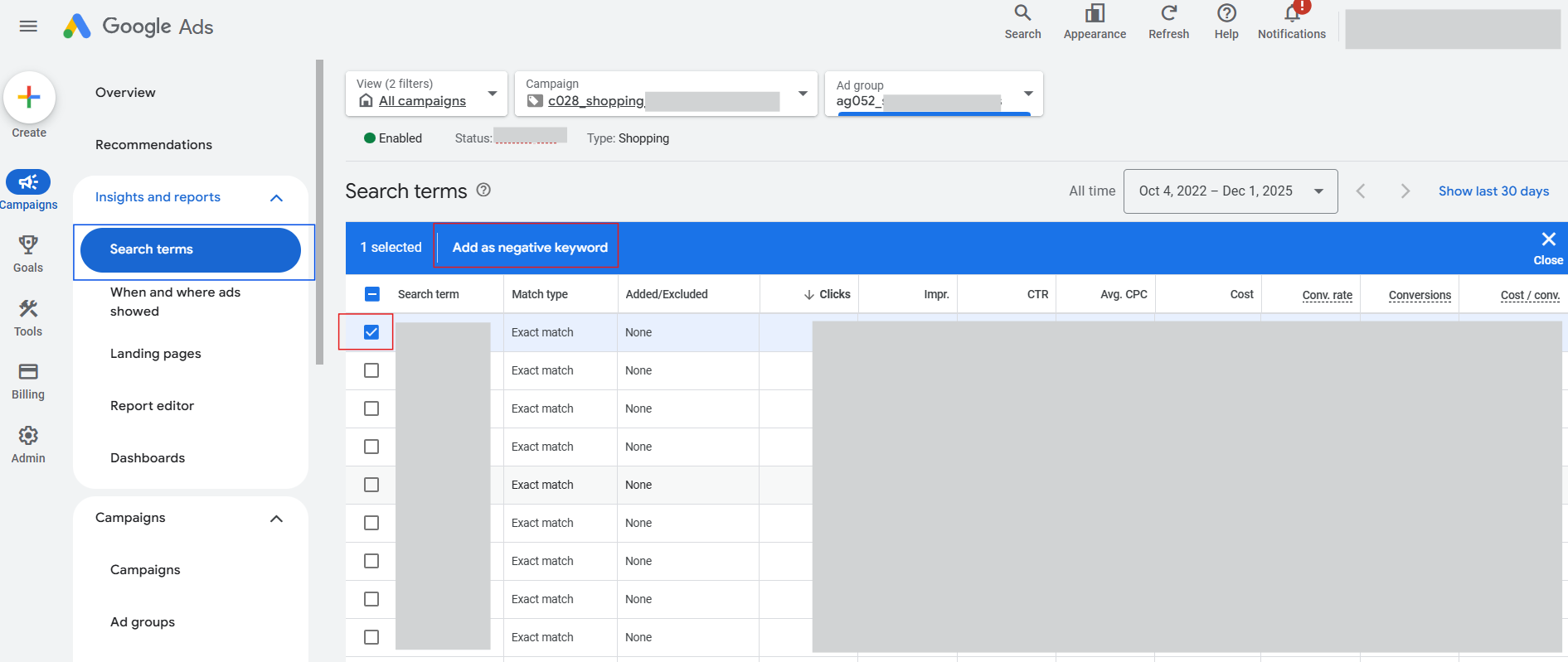 Shopping search terms report