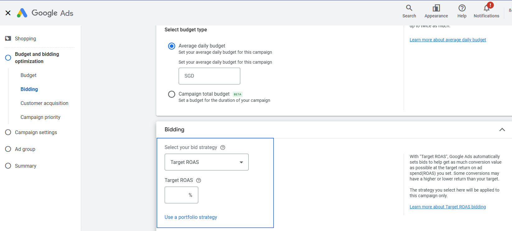 Target ROAS bidding settings