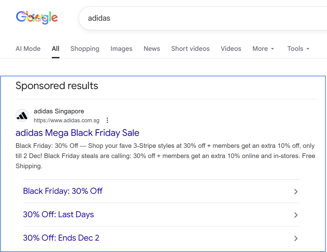 Branded search ad for Adidas