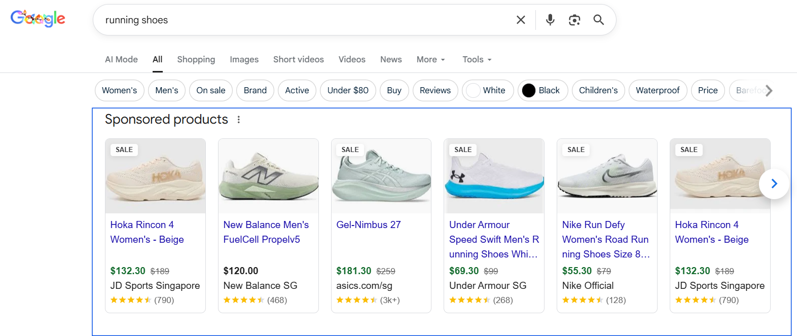 Shopping ads appearing for a search on running shoes