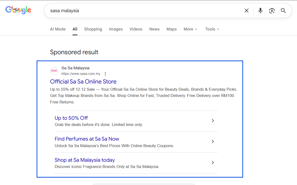 Branded search ad for Sasa Malaysia