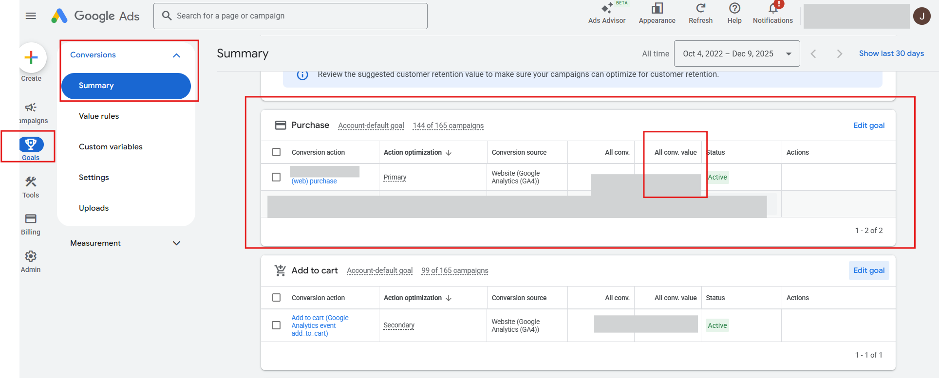 Google Ads conversion summary screen