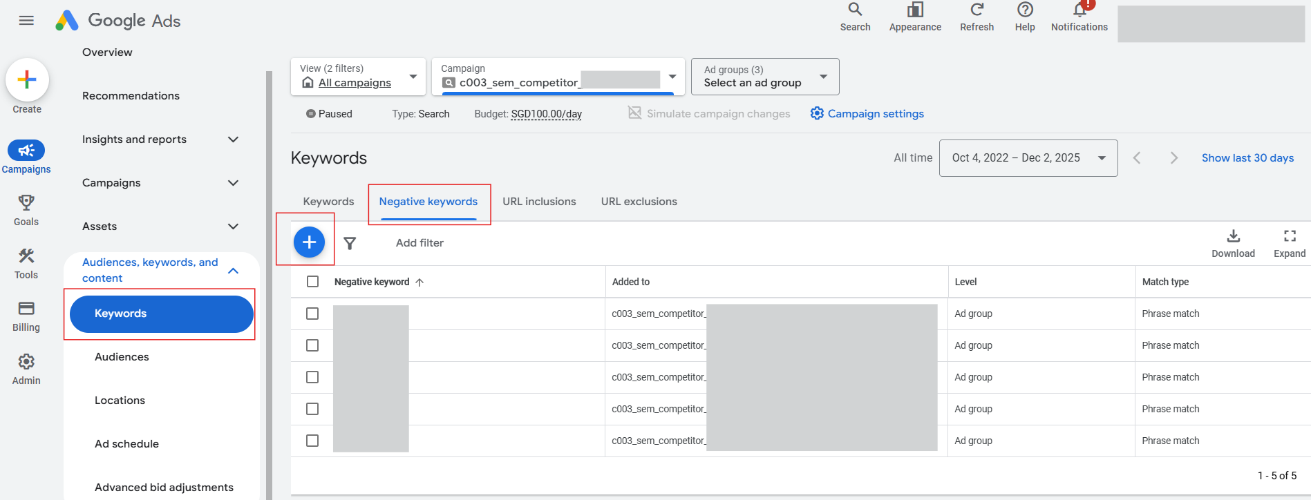 Negative keywords screen in Google Ads