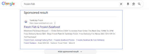 Unbranded search ad for frozen fish