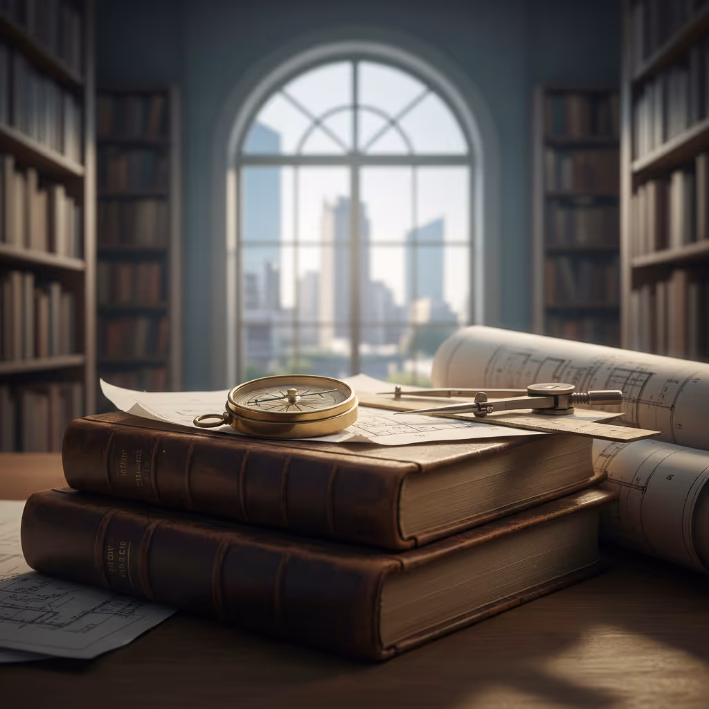 Two stacked vintage books on a desk with a compass, divider, and architectural blueprints, set against a blurred library and city view through an arched window.