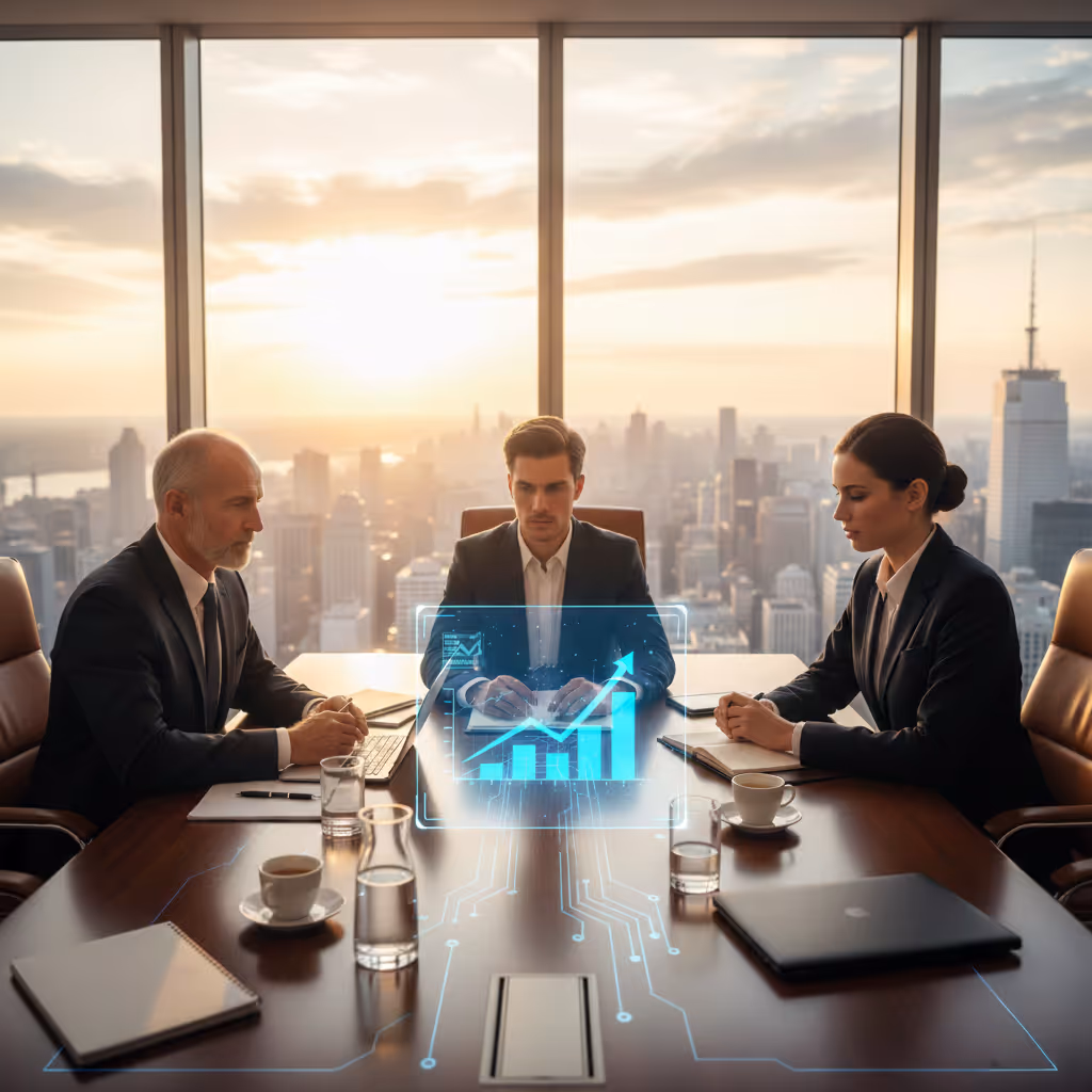 Three business professionals in suits sitting at a conference table with a digital graph hologram showing growth in front of them and a city skyline visible through large windows.