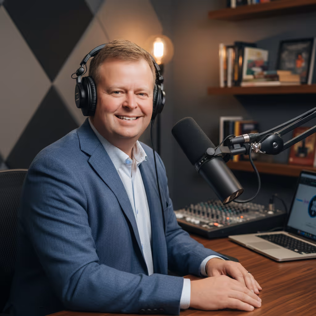 Smiling man in a blue blazer wearing headphones sitting at a podcasting setup with microphone and audio equipment.