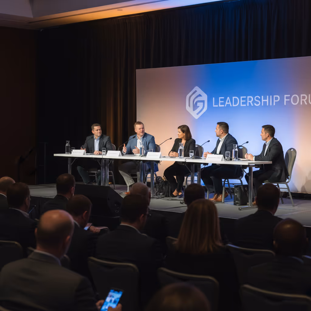 Panel of five people seated at a long table on stage speaking at a leadership forum event with an audience in the foreground.