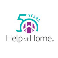 Help at Home logo with text and graphic celebrating 50 years in teal and purple.
