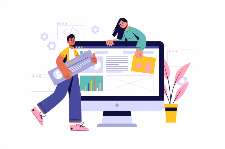 Illustration of a man and woman arranging charts and images on a large computer screen representing website or data management.