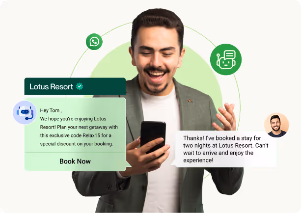 Man in a blazer smiling and holding a smartphone with chat bubbles showing a booking conversation for Lotus Resort and icons for WhatsApp and chatbot.
