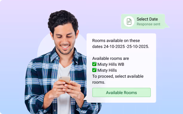 Man in a checkered shirt smiling while holding a phone, with a chat bubble showing room availability for Misty Hills on specific dates.