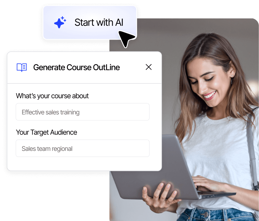 Smiling woman using a laptop next to an interface panel titled 'Generate Course Outline' with fields for course topic and target audience filled in.