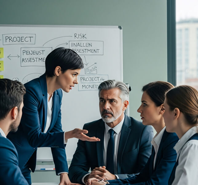 Businesswoman in a navy suit explaining a project to three colleagues in a meeting room with a whiteboard showing project and risk assessment notes behind them.