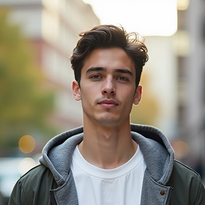 Young man with dark hair wearing a white t-shirt and a green jacket with a gray hood standing outdoors in an urban setting.
