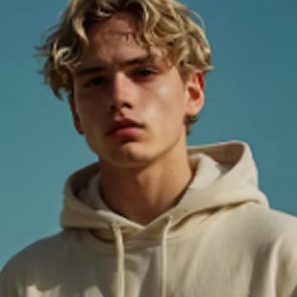 Young man with curly blonde hair wearing a light beige hoodie against a clear blue sky.
