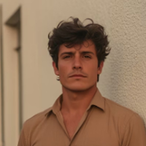 Portrait of a young man with curly dark hair wearing a brown shirt standing against a textured beige wall.