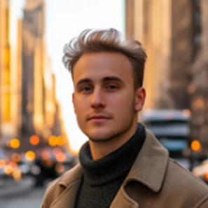 Young man with styled blond hair wearing a tan coat and black turtleneck, standing on a city street with blurred buildings and traffic in the background.