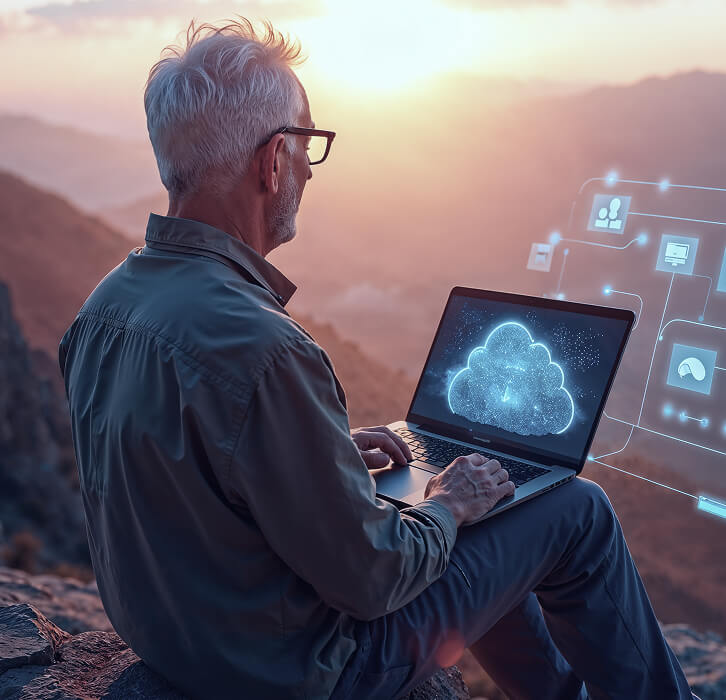 Man sitting on a rock using a laptop displaying a glowing cloud computing graphic with digital network icons at sunset in a mountainous area.