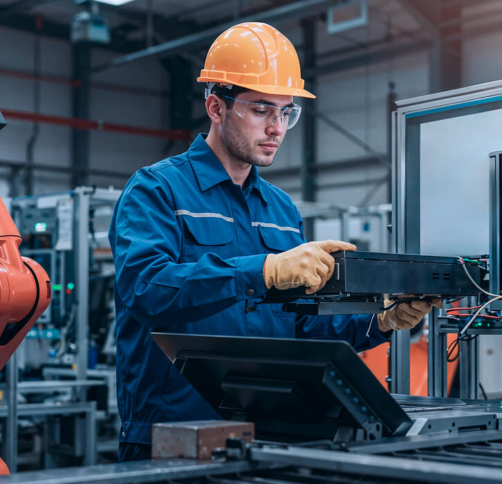 Factory worker in safety gear inspecting electronic equipment in an industrial setting.