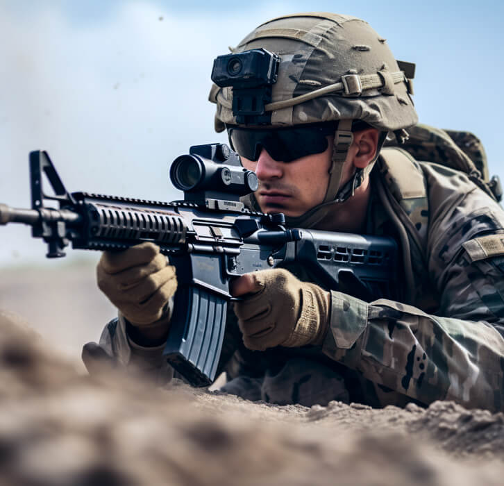 Soldier in camouflage uniform and helmet aiming a rifle while lying on the ground.
