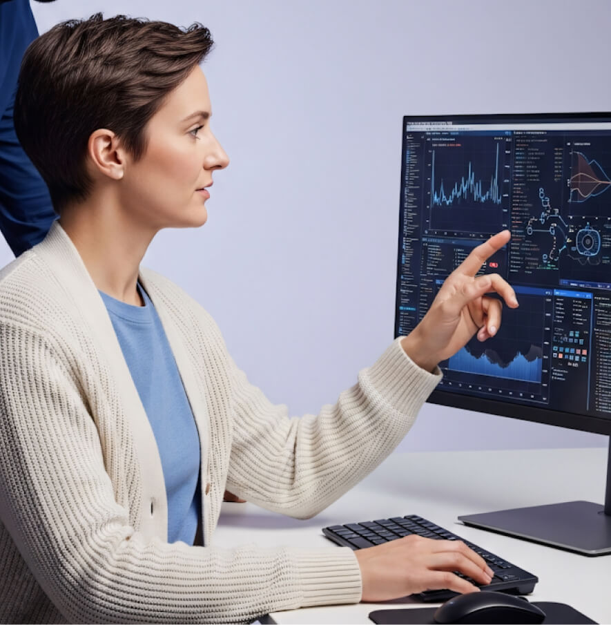 Woman in a cream cardigan pointing at data charts and graphs on a computer monitor while using a keyboard and mouse.