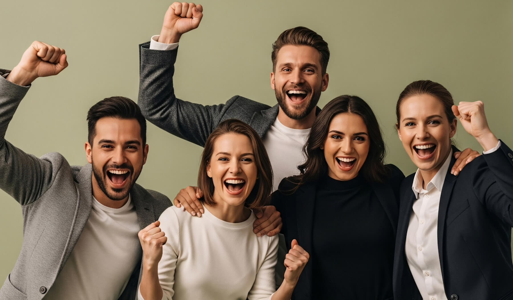 Group of five diverse young professionals smiling and cheering with raised fists against a plain background.