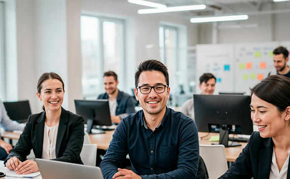 A diverse group of smiling professionals working and interacting in a modern office.